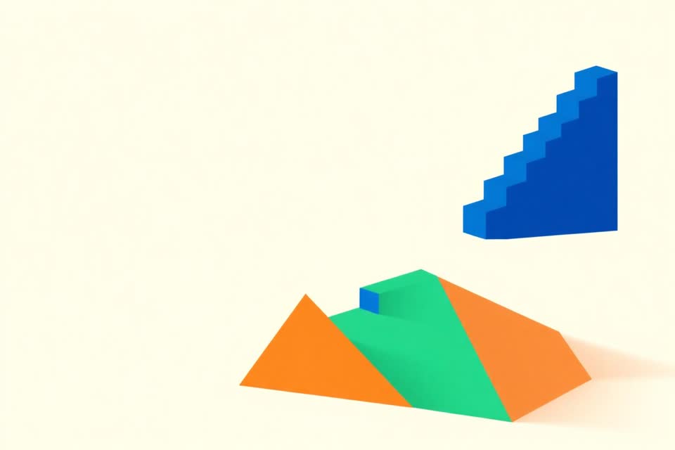 Ilustración editorial abstracta: una escalera azul de ventas asciende mientras una cuña naranja crece por debajo absorbiendo margen; una fina línea verde marca la contribución que queda.