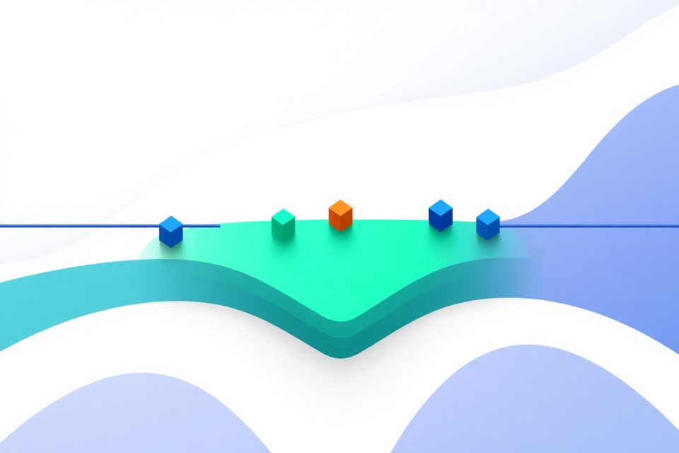 Ilustración editorial abstracta: seis nodos alineados sobre un eje horizontal de benchmark; cinco en tonos azul y verde a alturas similares, uno naranja claramente elevado como outlier.