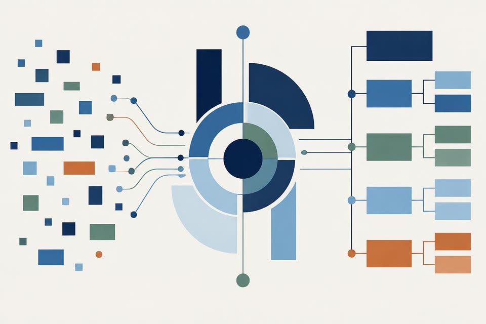 Diagrama editorial: fuentes de datos de la empresa que pasan por integración, reglas de negocio y validación hasta llegar a una capa de visualización y a una decisión de gestión.