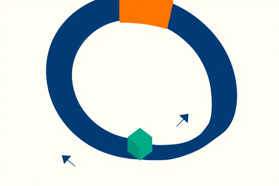 Ilustración editorial abstracta: un anillo de circulación azul es interrumpido por un bloque naranja pesado que frena el flujo, mientras un cubo verde sigue una trayectoria sana en paralelo.