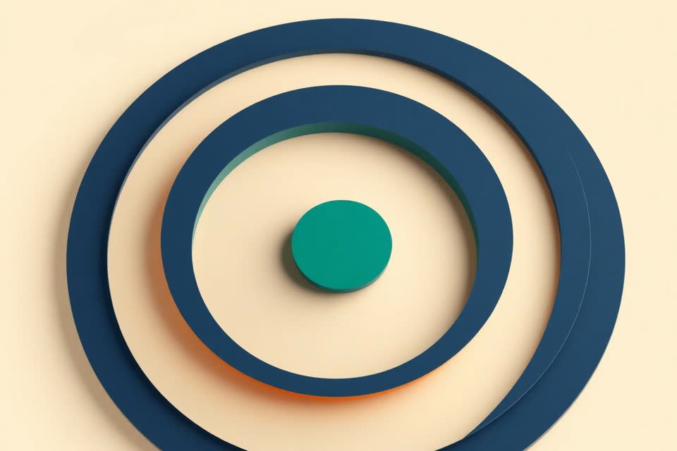 Ilustración editorial abstracta: anillos concéntricos navy con capas naranjas intermedias envolviendo un núcleo verde compacto en el centro, representando capital retenido sin rotación.